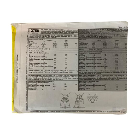 McCalls 3758 Childrens Fairy Costume Sewing Pattern Sizes 2-6 - Picture 2 of 3